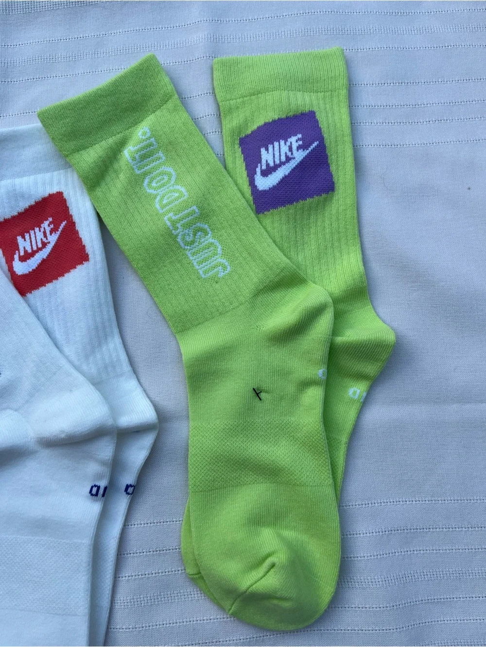 Nike Crew Socks Trio - Red, White, Lime with 'Just Do It' Branding